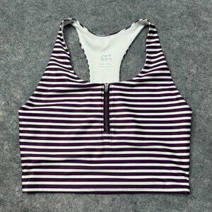 Joy Lab Sports Bra Womens M Purple White Racerback Striped Zipper Lined Gym Yoga